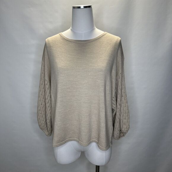 Garnet Hill Relaxed Fit Sweater Women’s Small Tan Pointelle Knit Balloon Sleeve - Picture 1 of 10